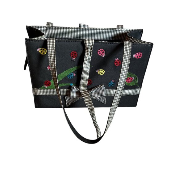 Embroidery Multi-colored and Black Ladybug Purse w/checkered Bow and Straps - Picture 10 of 13